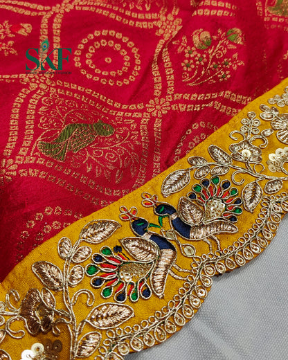 DOLA BANARSI WEAVING  BHANDHANI HEAVY WORK BORDER RED SAREE BY SKFBHOLUBHAI