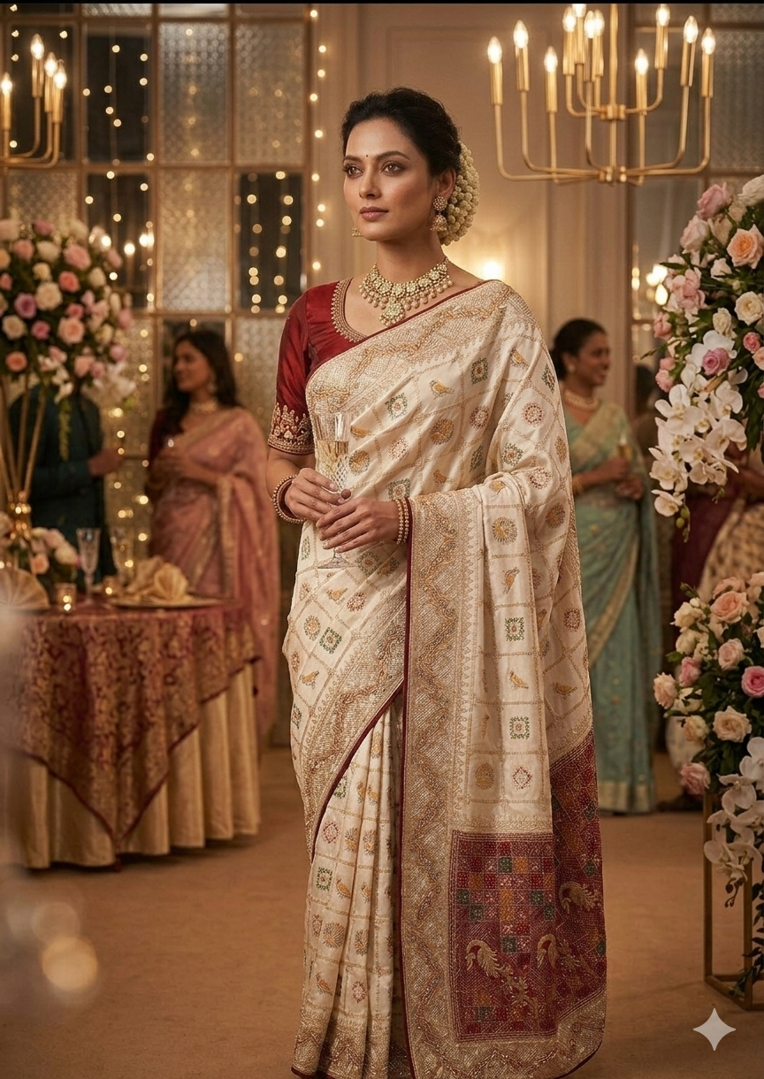 CREAM COLOUR SPEICEL TRADITIONAL GUJRATI WORK SAREE SKFBHOLUBHAI