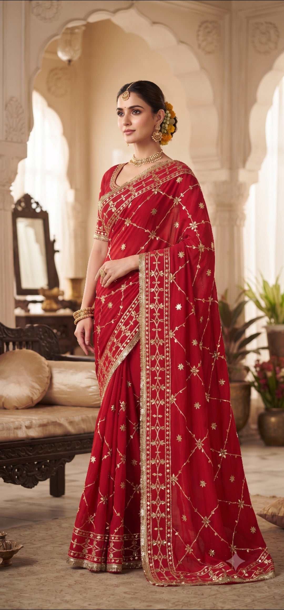 RAJASTHANI KARWACHOTH AND FESTIVAL SPEICEL RED COLOUR SAREE GEORGETTE FABRIC WITH GOTA WORK BY SKFBHOLUBHAI