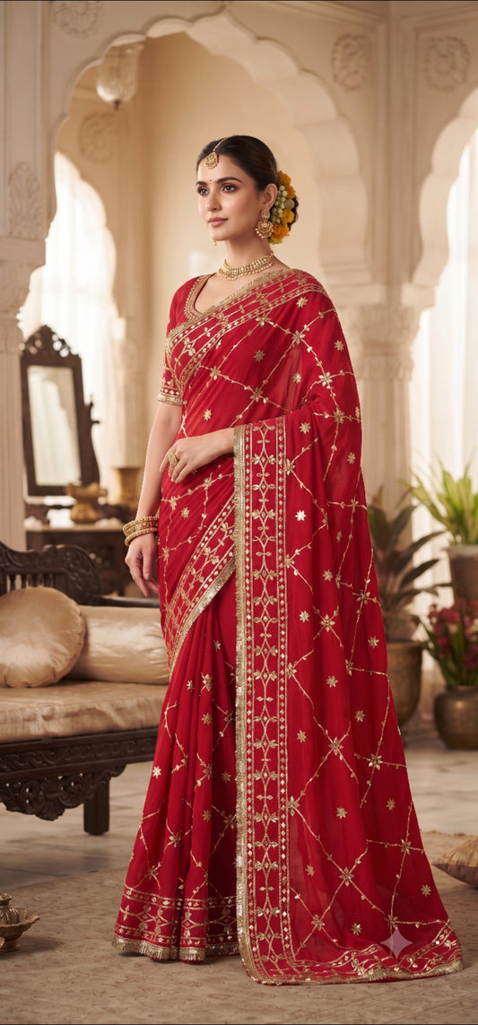RAJASTHANI KARWACHOTH AND FESTIVAL SPEICEL RED COLOUR SAREE GEORGETTE FABRIC WITH GOTA WORK BY SKFBHOLUBHAI