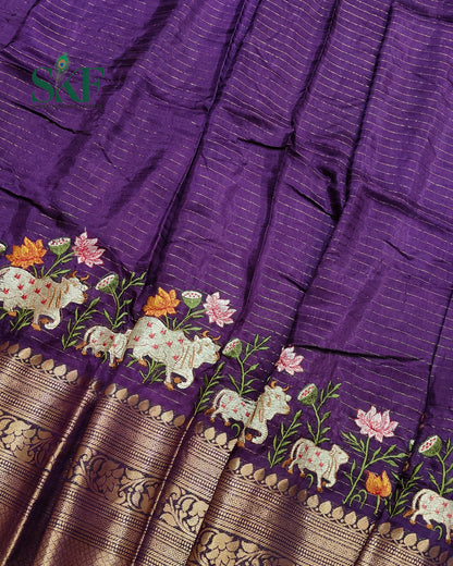 DOLA SILK MOTIF EMBROIDERY PANEL WEAVING BORDER WORK PURPLE SAREE BY SKFBHOLUBHAI