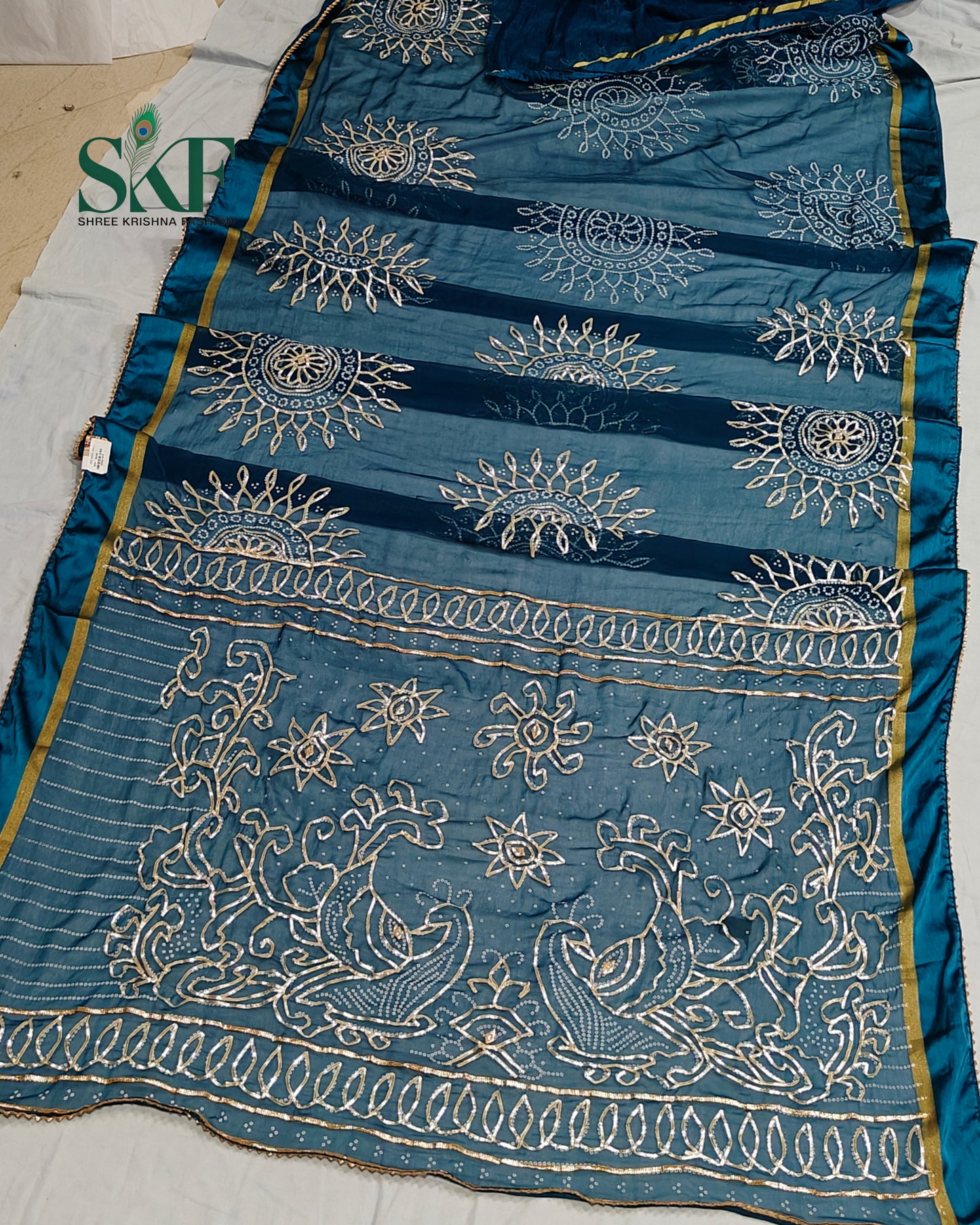 DIAMOND CHIFFON BHANDHANI KACHAGOTTA WORK TEALBLUE SAREE BY SKFBHOLUBHAI