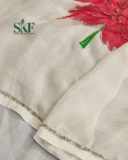 CHIFFON BRUSH PRINT LEAF KARDANA HANDWORK BUTTY WHITE SAREE BY SKFBHOLUBHAI