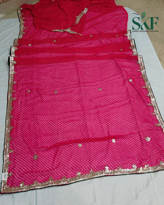 GEORGETTE MODHA LEHRIYA GOTTAPATTI WORK RANIPINK SAREE BY SKFBHOLUBHAI