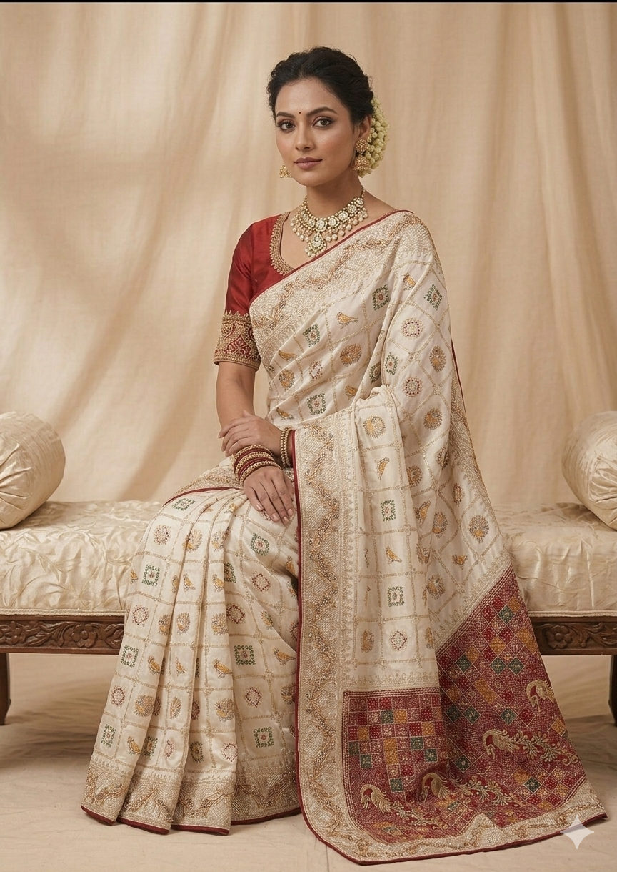 CREAM COLOUR SPEICEL TRADITIONAL GUJRATI WORK SAREE SKFBHOLUBHAI