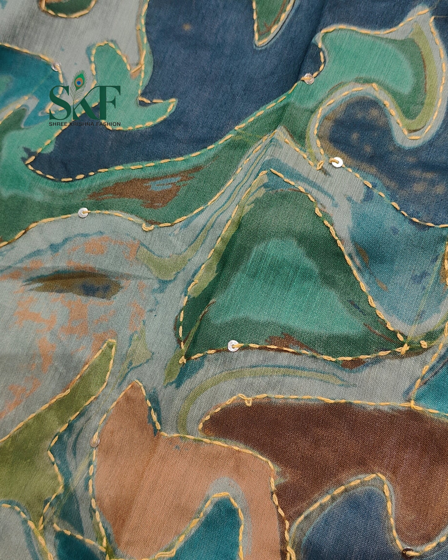 CHANDERI COTTON BRUSH PRINT KHATHA WORK TEAL BLUE SAREE BY SKFBHOLUBHAI