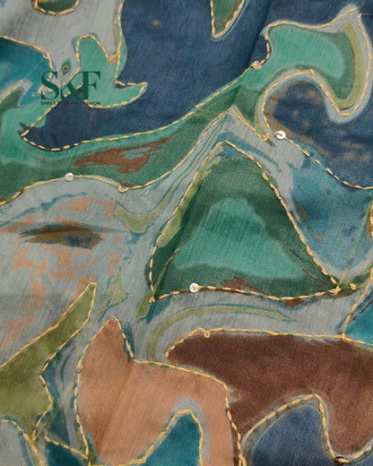 CHANDERI COTTON BRUSH PRINT KHATHA WORK TEAL BLUE SAREE BY SKFBHOLUBHAI