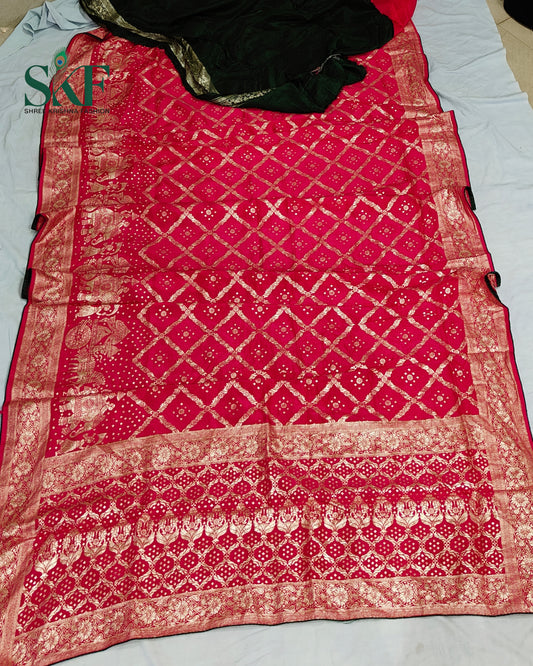 DOLA SILK MOTIF JAAL WEAVING WORK RANIPINK SAREE BY SKFBHOLUBHAI