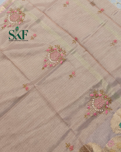 DORIYA TISSUE MULTI WEAVING HANDWORK BUTTA PEACH PINK SAREE BY SKFBHOLUBHAI