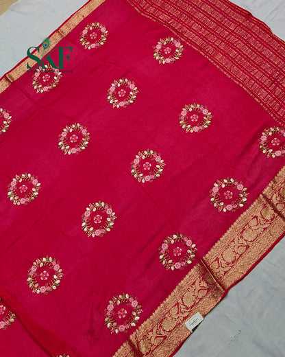 CHINON SEQUENCE EMBROIDERY WEAVING  WORK RANIPINK SAREE BY SKFBHOLUBHAI
