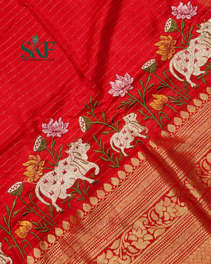 DOLA SILK MOTIF EMBROIDERY PANEL WEAVING BORDER WORK RED SAREE BY SKFBHOLUBHAI