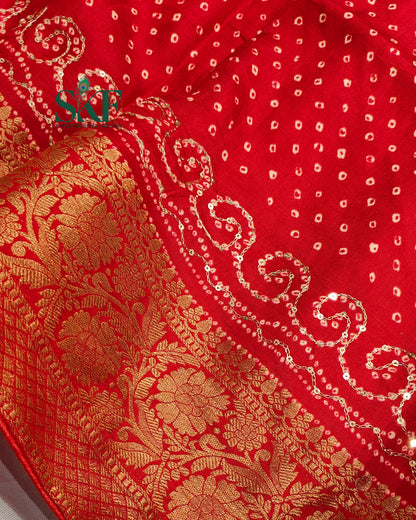 HO SILK BHANDHANI PEACOCK MOTIF AARI AND SEQUENCE WORK RED SAREE BY SKFBHOLUBHAI