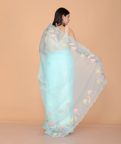 TISSUE APPLIQUE WORK DESIGNER SKY BLUE SAREE BY SKFBHOLUBHAI