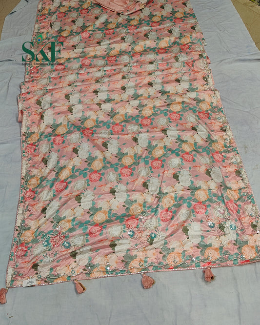 CHINON FLORAL DIGITAL PRINT HANDWORK BLUSHPINK SAREE BY SKFBHOLUBHAI