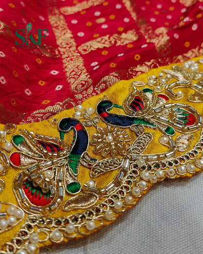 KHADI NEEM JARI GEORGETTE GHATCHOLA BHANDHANI HEAVY WORK BORDER RED SAREE BY SKFBHOLUBHAI