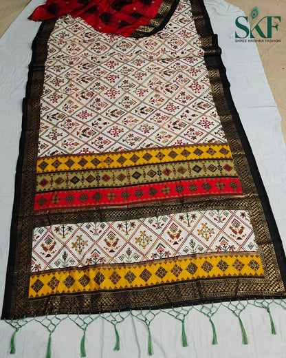 MAURA SILK PATOLA FOIL PRINT WEAVING IVORY SAREE BY SKFBHOLUBHAI