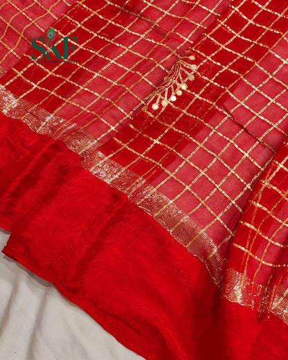 VISCOSS GEORGETTE AARI GOTTA CHEKERD SATIN BORDER WORK RED SAREE BY SKFBHOLUBHAI