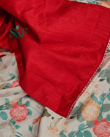 CHINON FLORAL DIGITAL PRINT HANDWORK CREAM SAREE BY SKFBHOLUBHAI