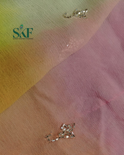 CHIFFON OMBRE DYE KARDANA  HANDWORK BUTTY MULTICOLOUR SAREE BY SKFBHOLUBHAI