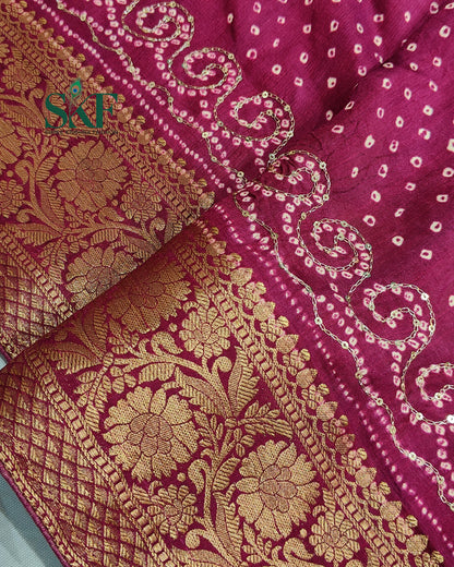 HO SILK BHANDHANI PEACOCK MOTIF AARI AND SEQUENCE WORK WINE SAREE BY SKFBHOLUBHAI
