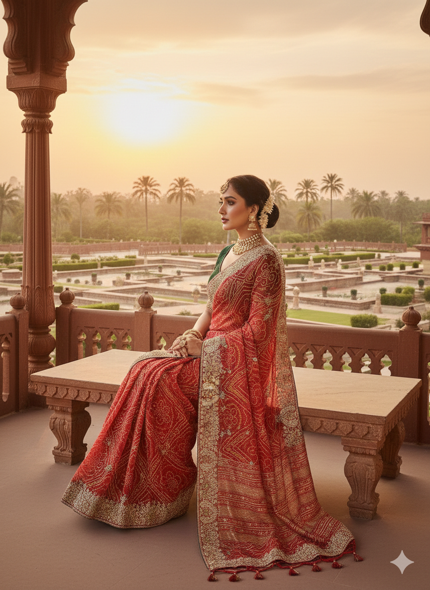 RAJASTHANI BANDHANI WITH NEEMJARI WORK SAREE BY SKFBHOLUBHAI