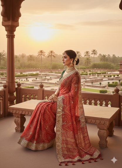 RAJASTHANI BANDHANI WITH NEEMJARI WORK SAREE BY SKFBHOLUBHAI