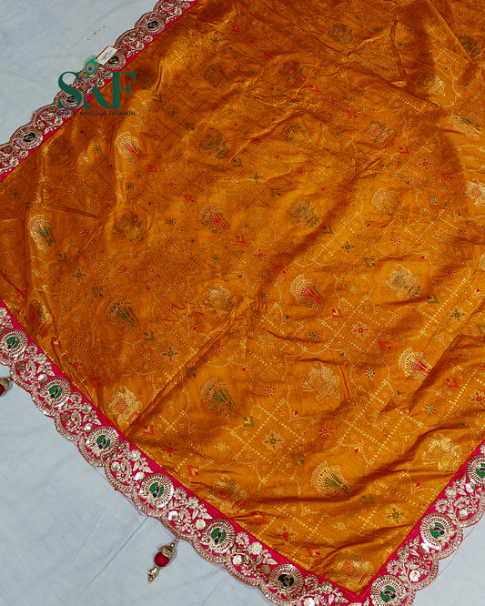 DOLA BANARSI MOTIF WEAVING HEAVY WORK BORDER YELLOW MUSTURD SAREE BY SKFBHOLUBHAI