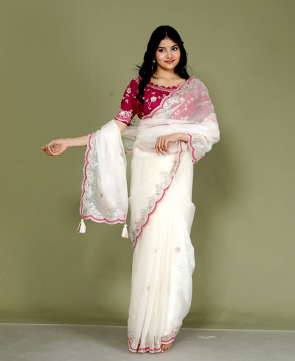 NEAT ORGANZA ZARI EMBROIDERY CUTWORK STICH BLOUSE IVORY SAREE BY SKFBHOLUBHAI