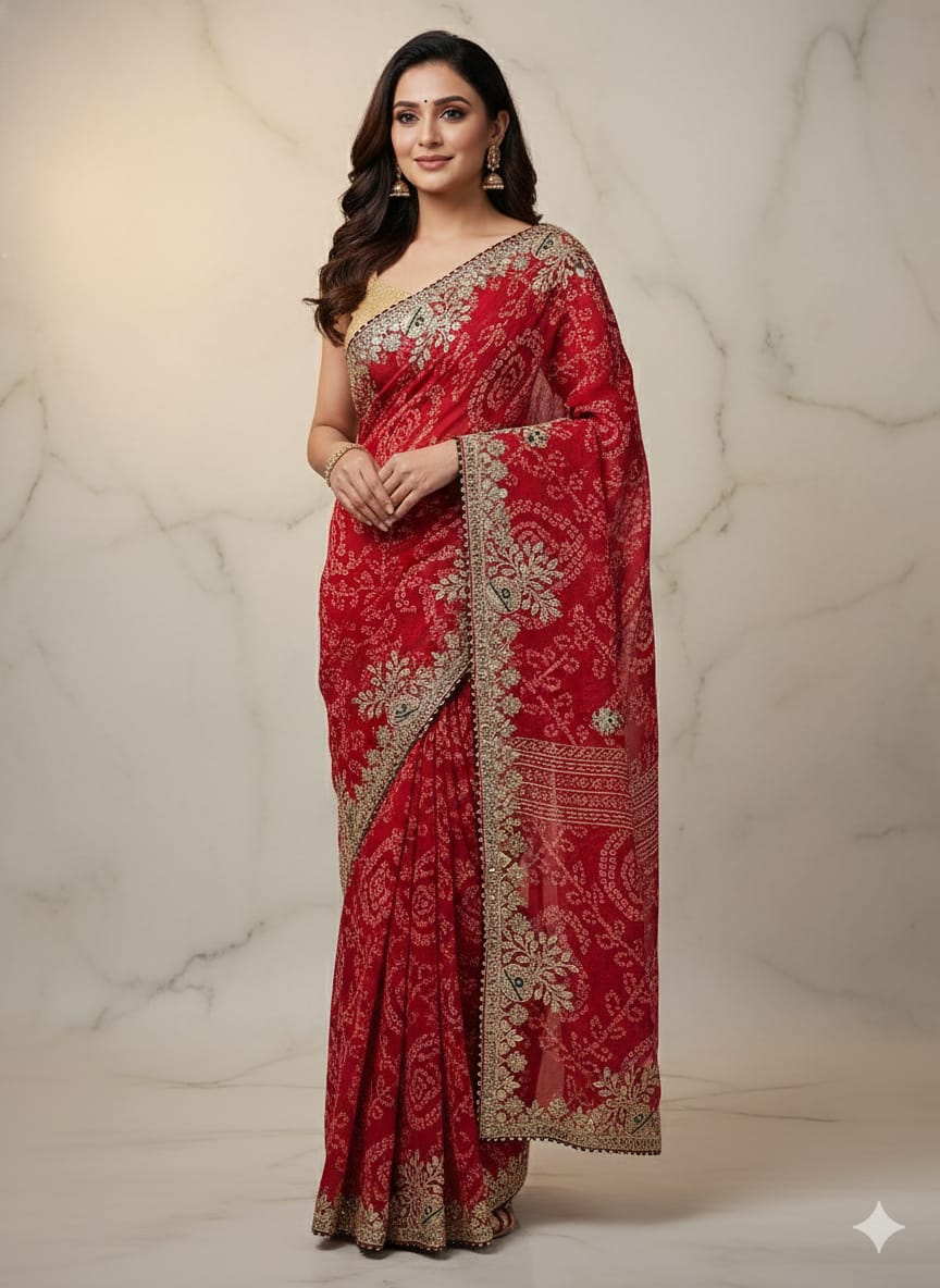 GOTAPATTI WORK WITH CONTRAST BLOUSE RAJASTHANI BANDHANI SAREE BY SKFBHOLUBHAI