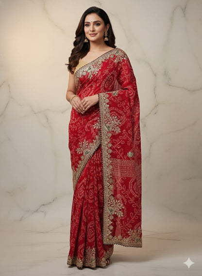 GOTAPATTI WORK WITH CONTRAST BLOUSE RAJASTHANI BANDHANI SAREE BY SKFBHOLUBHAI