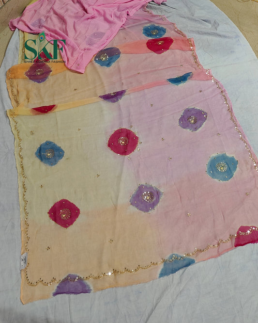 CHIFFON BATIK OMBRE DYE AARI GOTTA HANDWORK BUTTY MULTICOLOUR SAREE BY SKFBHOLUBHAI