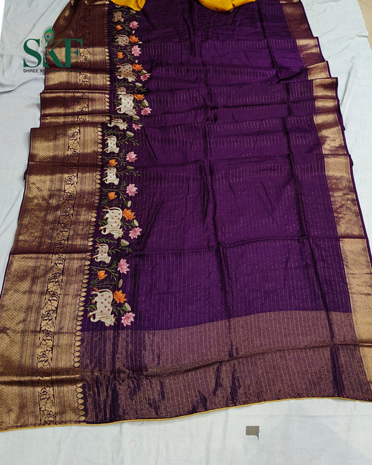 DOLA SILK MOTIF EMBROIDERY PANEL WEAVING BORDER WORK PURPLE SAREE BY SKFBHOLUBHAI