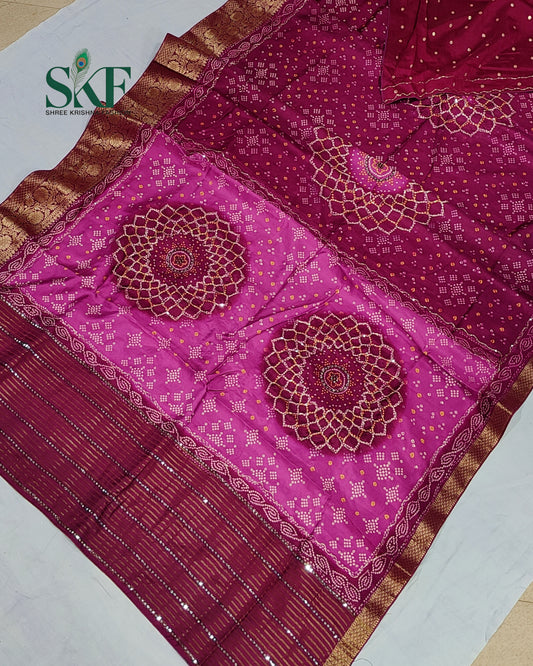 HO SILK BHANDHANI MIRROR WORK TWO TONE PURPLE AND WINE SAREE BY SKFBHOLUBHAI