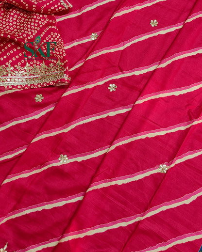 TUSSAR SILK LEHRIYA HAND GOTTA DIGITAL PRINT WORK RANI PINK SAREE BY SKFBHOLUBHAI