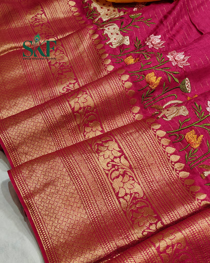 DOLA SILK MOTIF EMBROIDERY PANEL WEAVING BORDER WORK BURGENDY SAREE BY SKFBHOLUBHAI