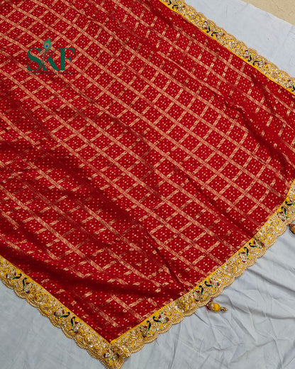 KHADI NEEM JARI GEORGETTE GHATCHOLA BHANDHANI HEAVY WORK BORDER RED SAREE BY SKFBHOLUBHAI