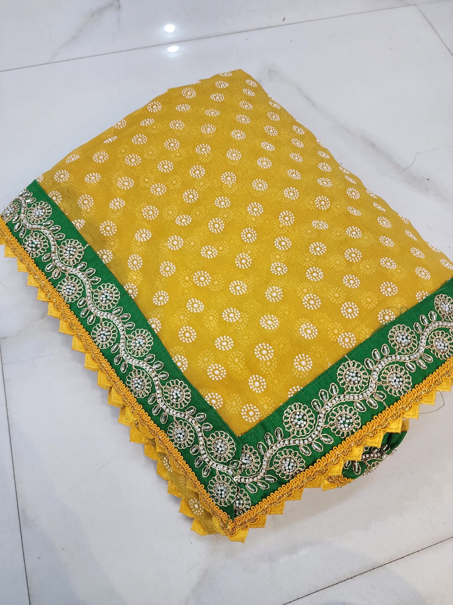HALDI MEHANDI SPEICEL YELLOW GREEN BORDER SAREE BY SKFBHOLUBHAI