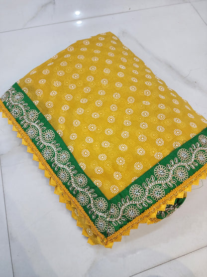 HALDI MEHANDI SPEICEL YELLOW GREEN BORDER SAREE BY SKFBHOLUBHAI