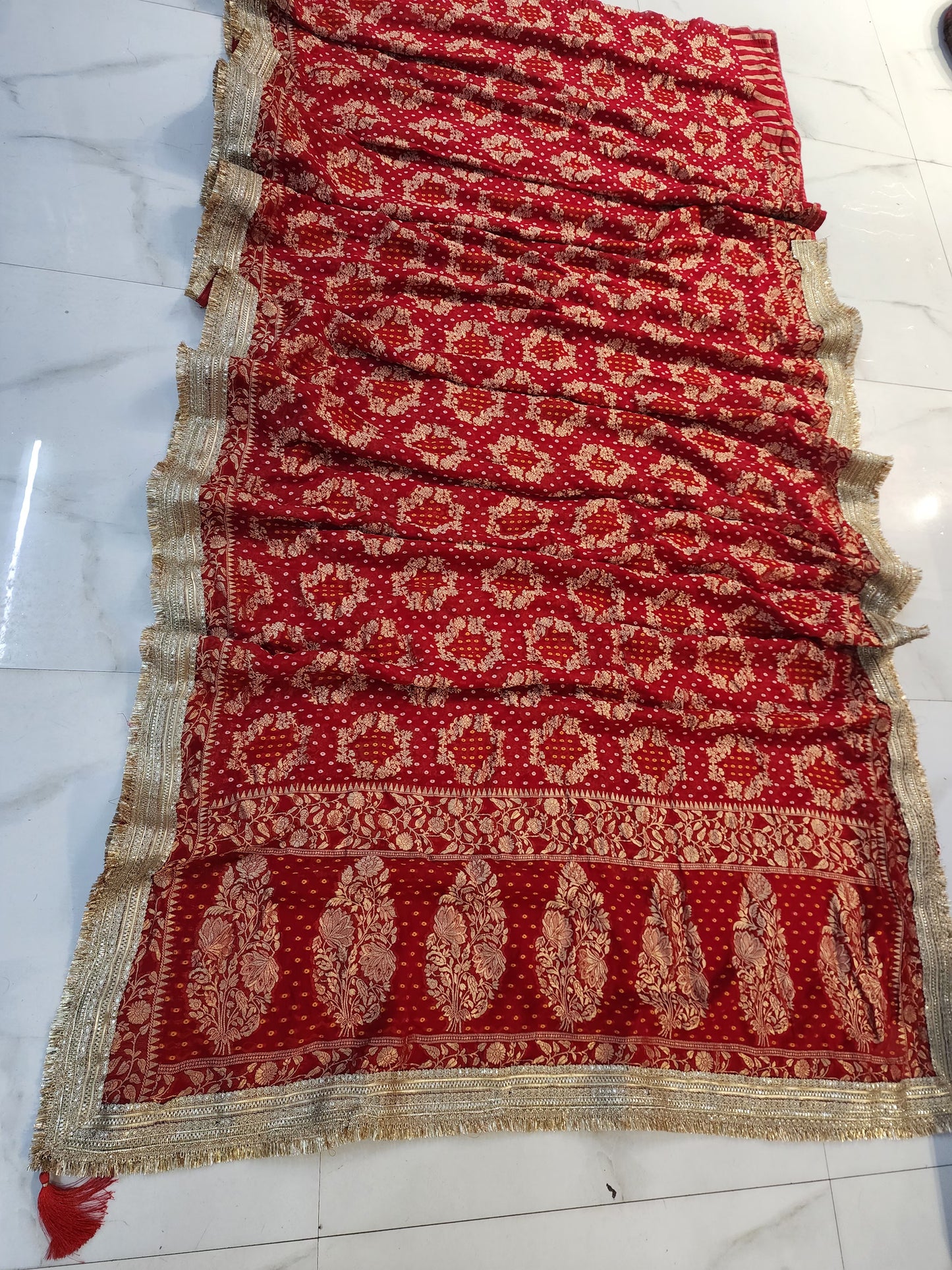 KHADI NEEM JARI GEORGETTE BHANDHANI ROOPGATHA BORDER SAREE BY SKFBHOLUBHAI