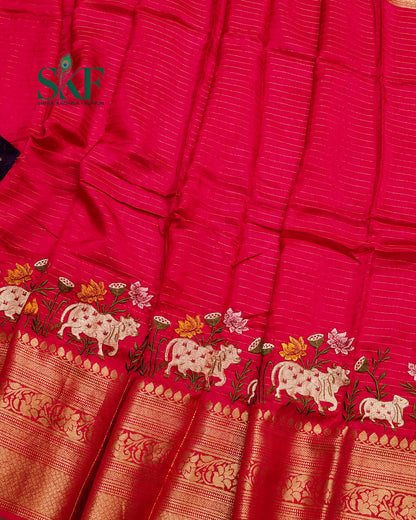 DOLA SILK MOTIF EMBROIDERY PANEL WEAVING BORDER WORK RANIPINK SAREE BY SKFBHOLUBHAI