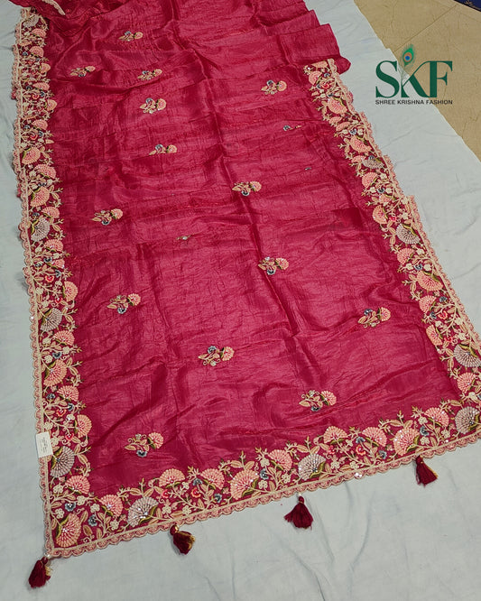 CRUSH TISSUE SIPPI SEQUENCE EMBROIDERY WORK BURGENDY SAREE BY SKFBHOLUBHAI