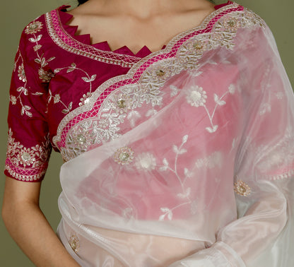 NEAT ORGANZA ZARI EMBROIDERY CUTWORK STICH BLOUSE IVORY SAREE BY SKFBHOLUBHAI