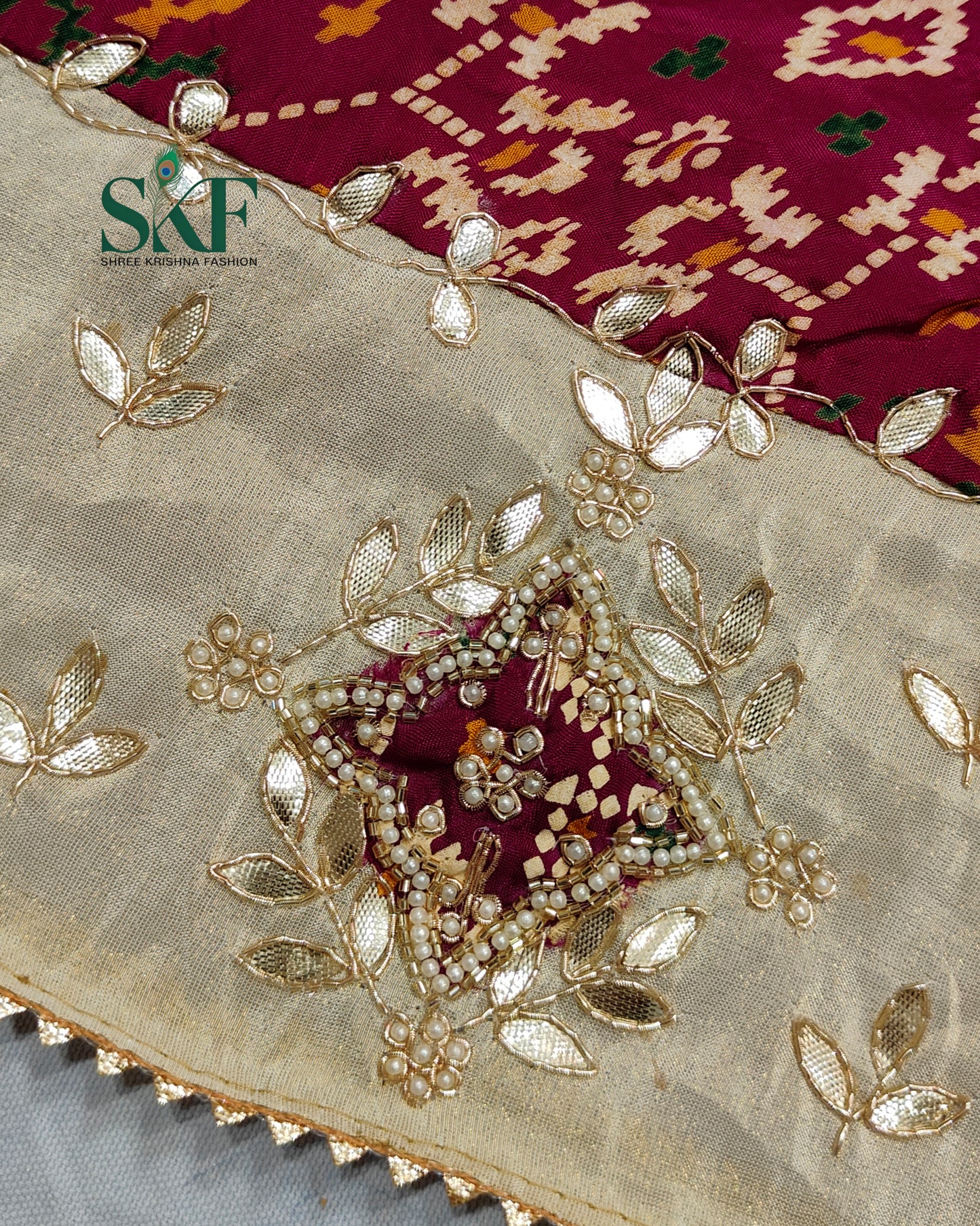 TUSSAR SILK PATOLA PRINT GOTTA HANDWORK BORDER WINE SAREE BY SKFBHOLUBHAI