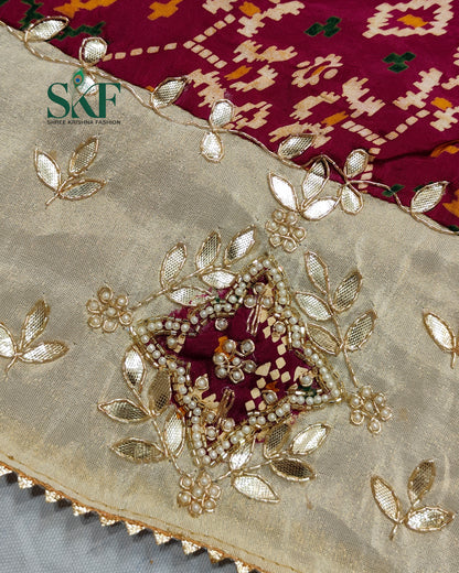 TUSSAR SILK PATOLA PRINT GOTTA HANDWORK BORDER WINE SAREE BY SKFBHOLUBHAI