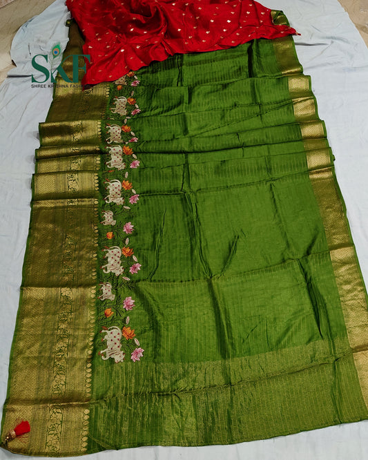 DOLA SILK MOTIF EMBROIDERY PANEL WEAVING BORDER WORK MEHNDI GREEN SAREE BY SKFBHOLUBHAI