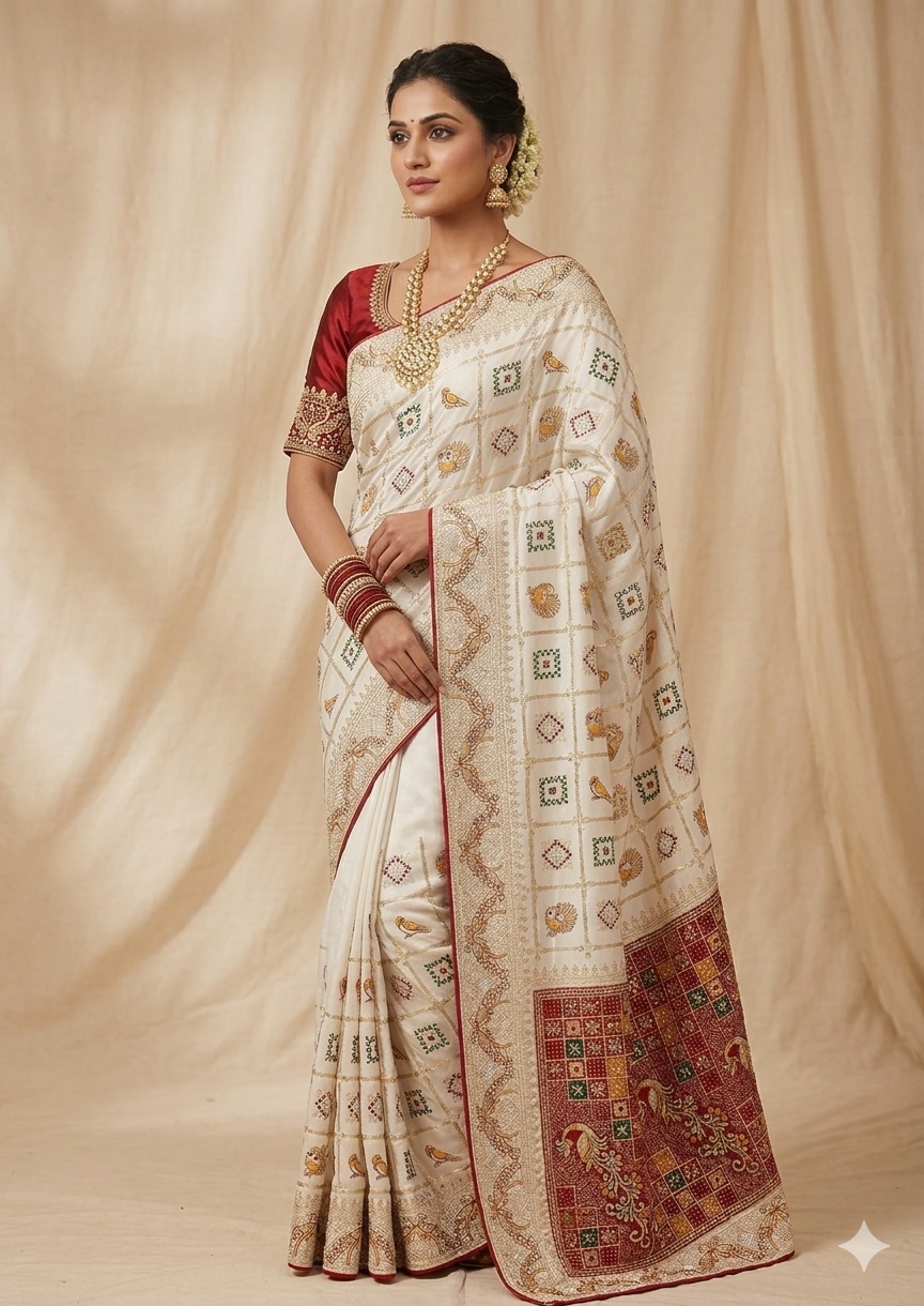 CREAM COLOUR SPEICEL TRADITIONAL GUJRATI WORK SAREE SKFBHOLUBHAI
