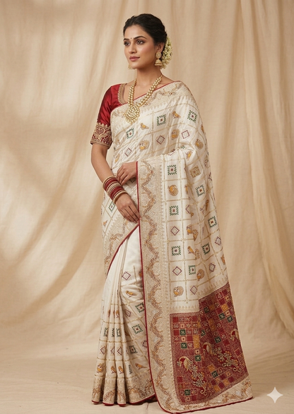CREAM COLOUR SPEICEL TRADITIONAL GUJRATI WORK SAREE SKFBHOLUBHAI