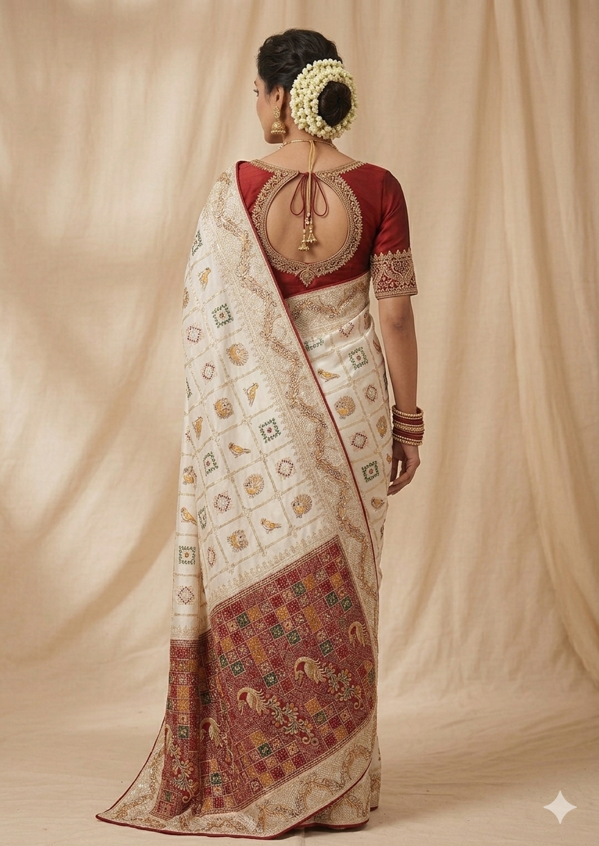 CREAM COLOUR SPEICEL TRADITIONAL GUJRATI WORK SAREE SKFBHOLUBHAI