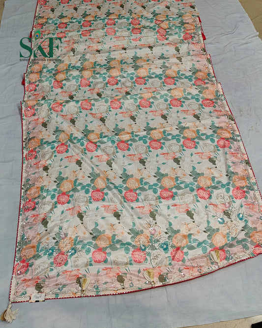 CHINON FLORAL DIGITAL PRINT HANDWORK CREAM SAREE BY SKFBHOLUBHAI