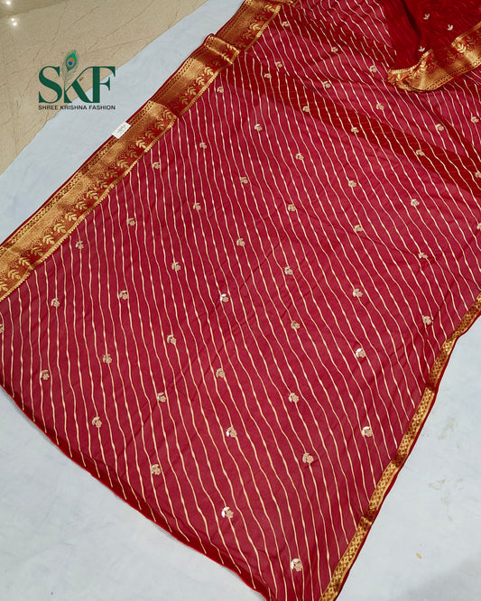 GEORGETTE LEHRIYA GOTTA HANDWORK BUTTY CHERRY RED SAREE BY SKFBHOLUBHAI